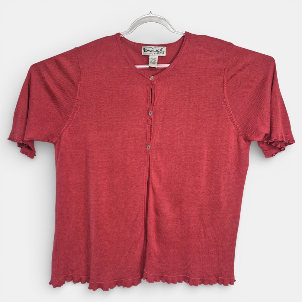 Victoria‎ Holley Womens 1X Red 100% Silk Short Sleeve Cardigan Lettuce Edge